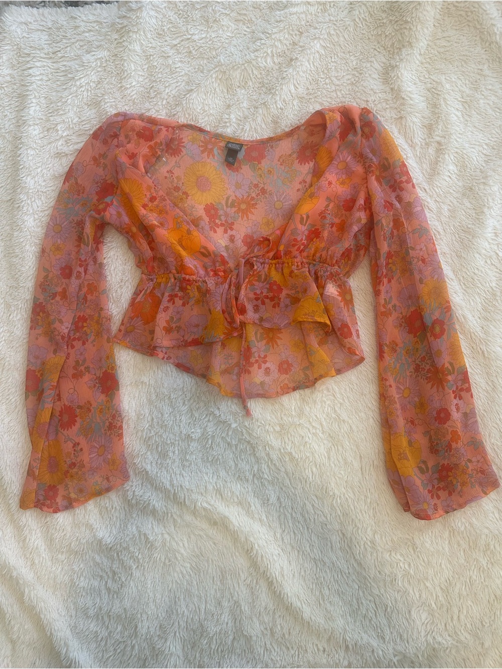 Wild Fable 70s-Inspired Sheer Floral Tie-Front Crop Top - Pink & Orange